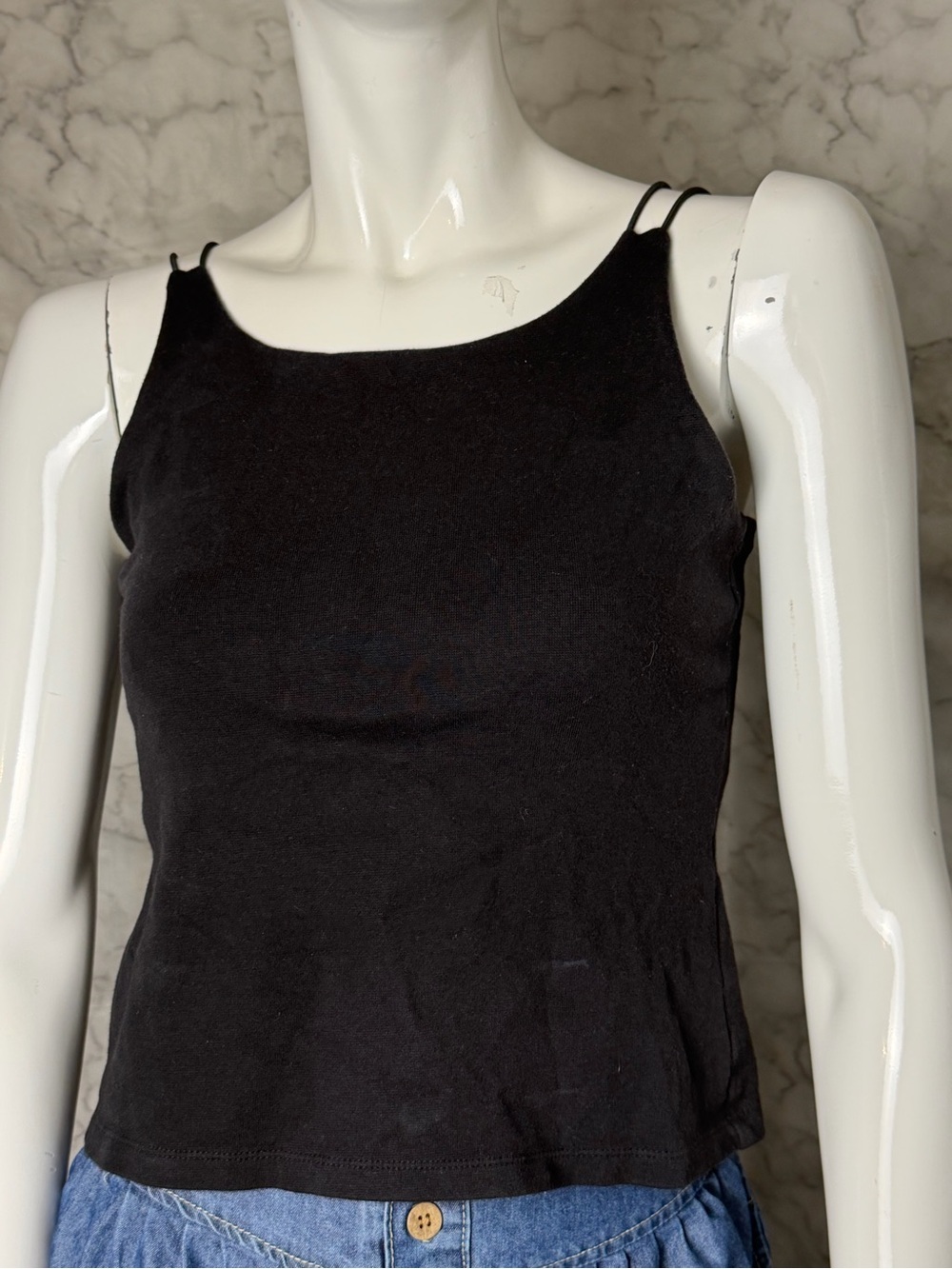 Black Double Strap Shelf Bra Built In High Scoop Neck Minimalist Fitted Tank S